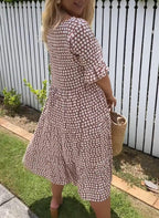 Polka Dot Square Neck Puff Sleeve Tiered Midi Dress