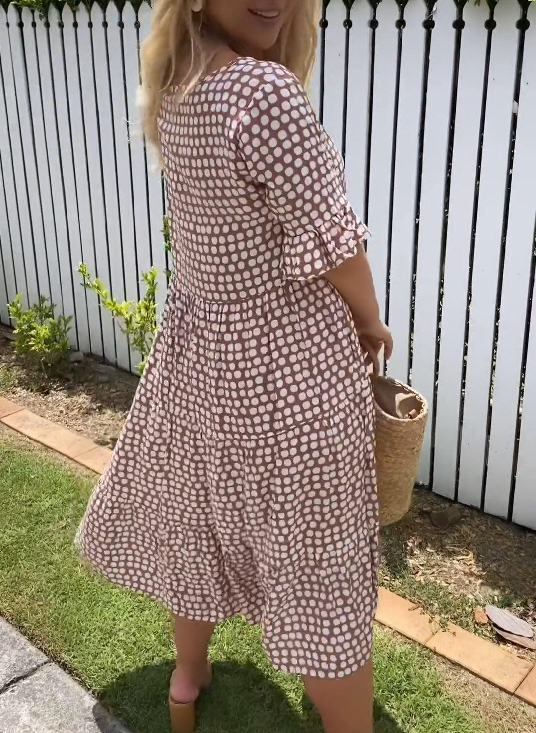 Polka Dot Square Neck Puff Sleeve Tiered Midi Dress