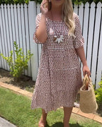 Polka Dot Square Neck Puff Sleeve Tiered Midi Dress