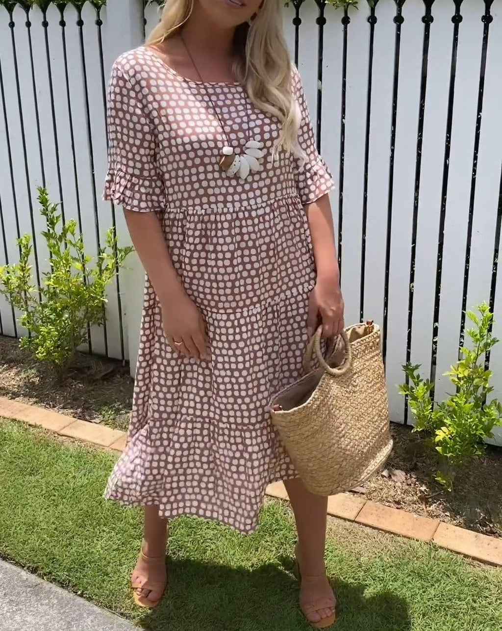 Polka Dot Square Neck Puff Sleeve Tiered Midi Dress