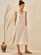 Linen Sleeveless Scoop Neck Pocket Casual Maxi Dress