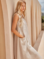 Linen Sleeveless Scoop Neck Pocket Casual Maxi Dress