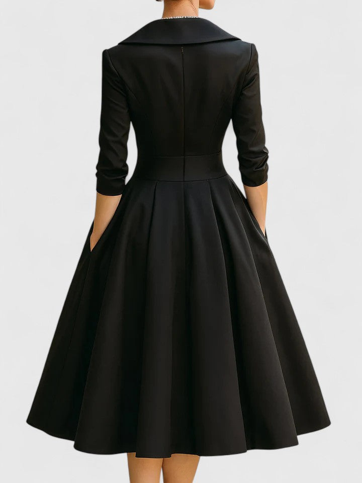Ruched Wrap Collar A Line Satin Midi Dress - Wedding Guest