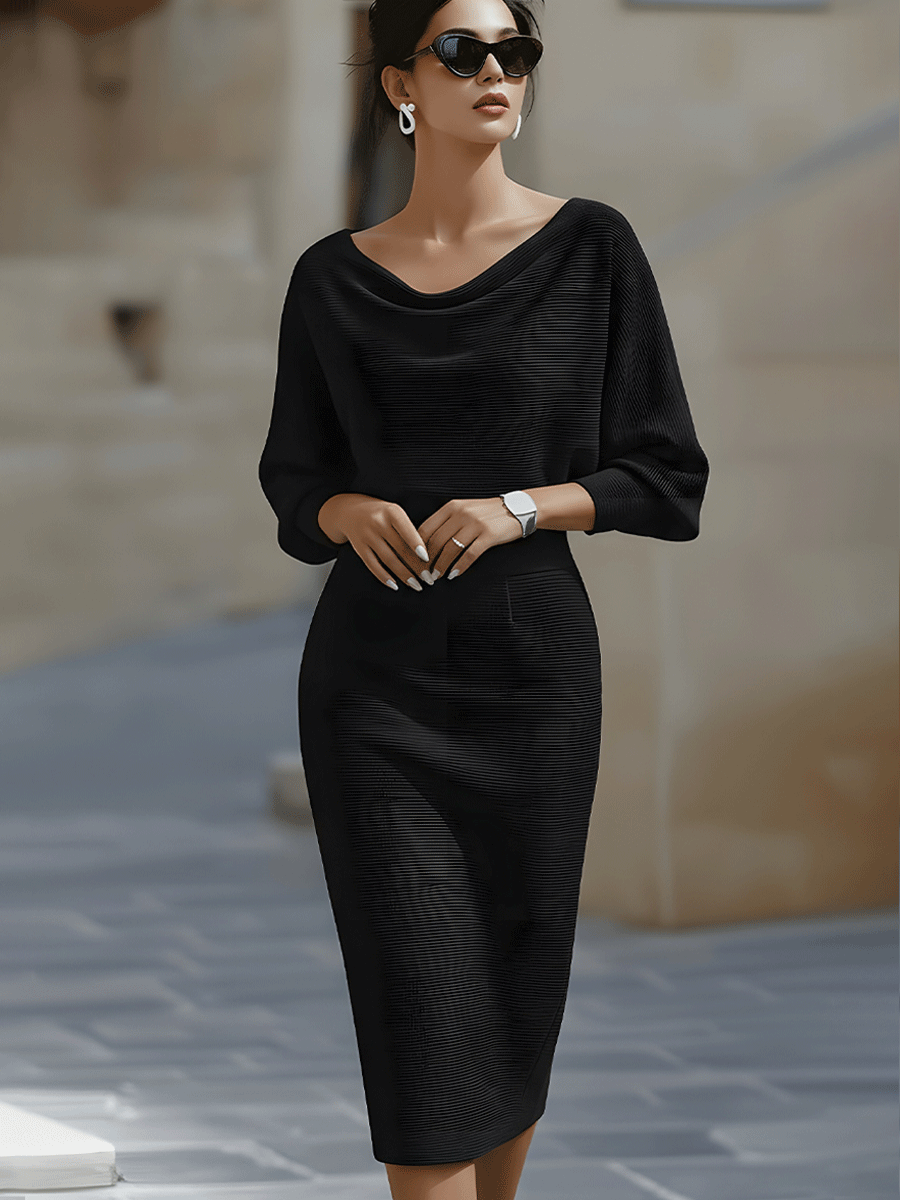 Cowl Neck Batwing Sleeve Ribbed Knit Midi Dress