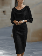 Cowl Neck Batwing Sleeve Ribbed Knit Midi Dress