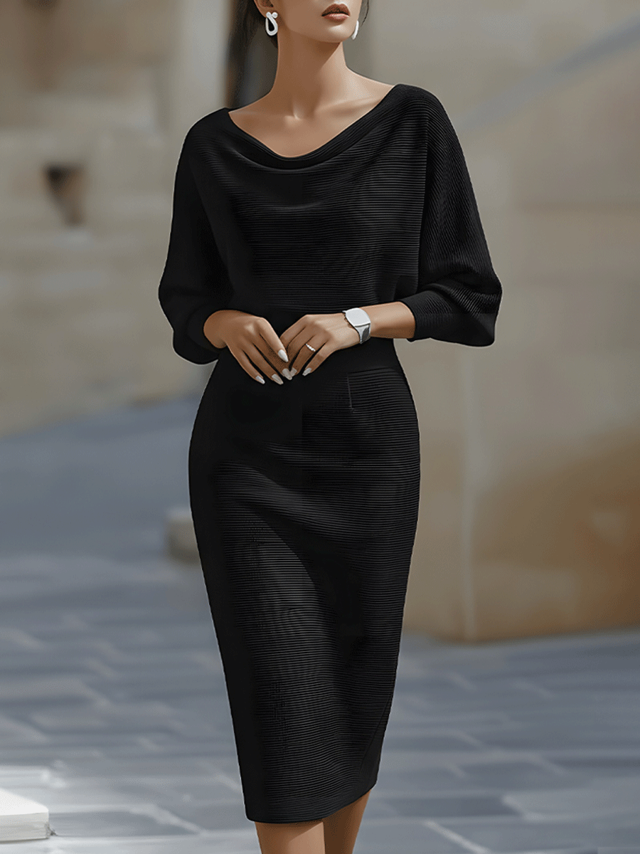 Cowl Neck Batwing Sleeve Ribbed Knit Midi Dress
