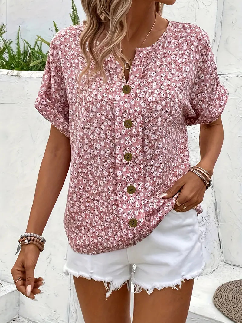 Ditsy Floral Button Front Short Sleeve Summer Blouse