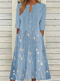 Floral Stem Print Two Piece Pocket Casual Midi Dress