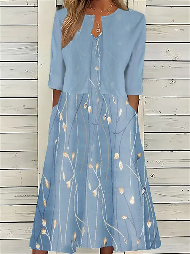 Floral Stem Print Two Piece Pocket Casual Midi Dress