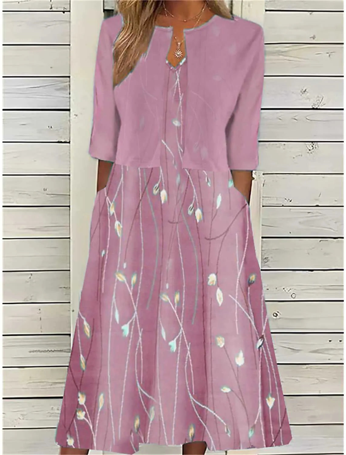 Floral Stem Print Two Piece Pocket Casual Midi Dress