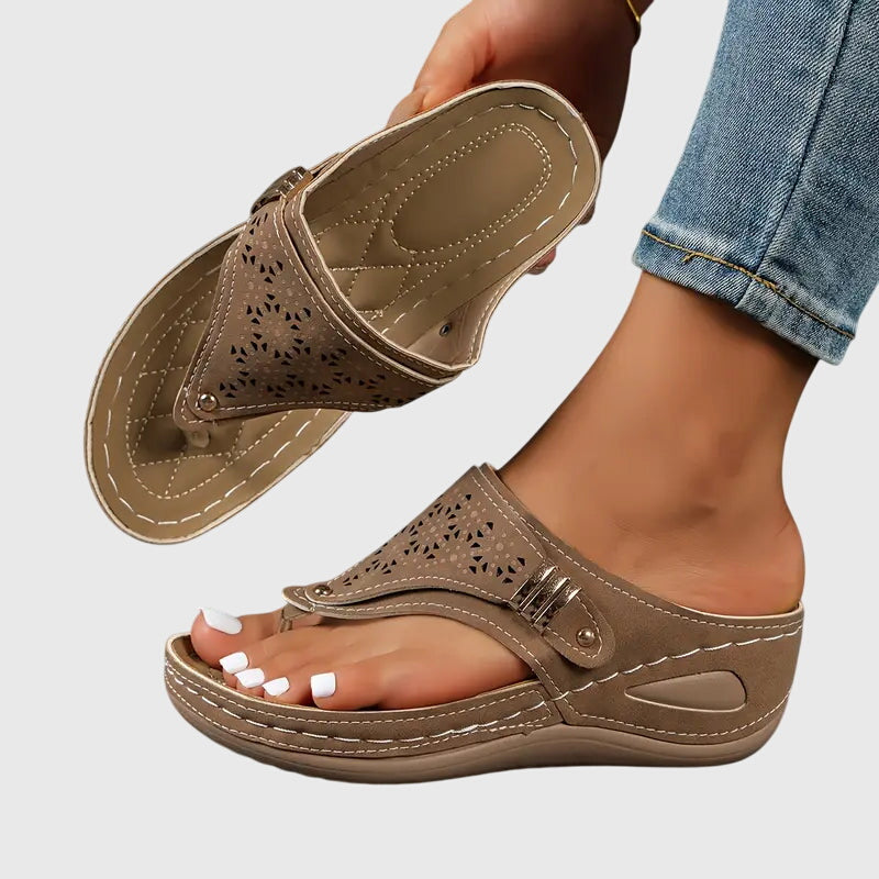 Laser Cut Toe Loop Metal Trim Wedge Sandal
