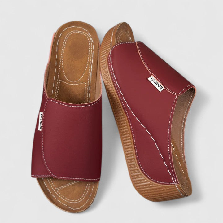 Leather Peep Toe Comfort Wedge Slide Sandal