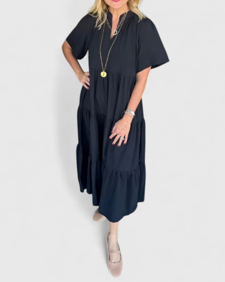 Notch Neck Short Sleeve Tiered Boho Casual Maxi Dress