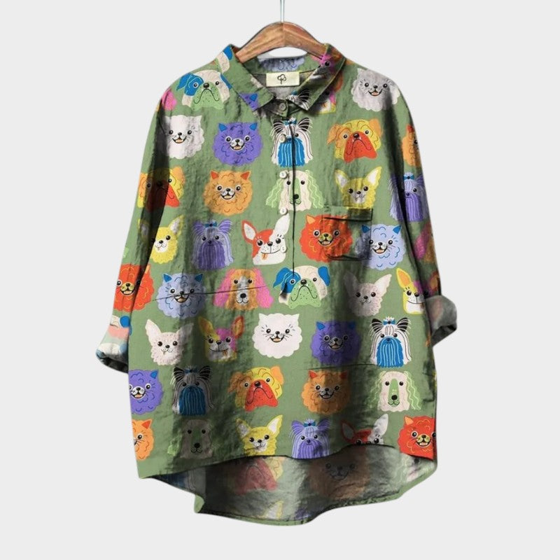 Whimsical Dog Print Point Collar Button Down Oversized Linen Shirt