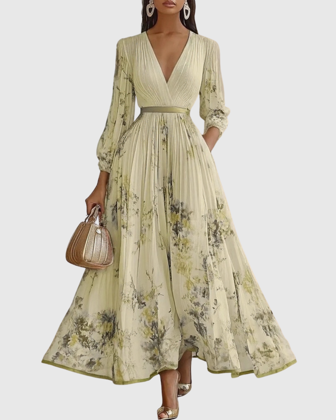 Floral Pleated V-Neck Belted Maxi Dress - Wedding Guest Gown