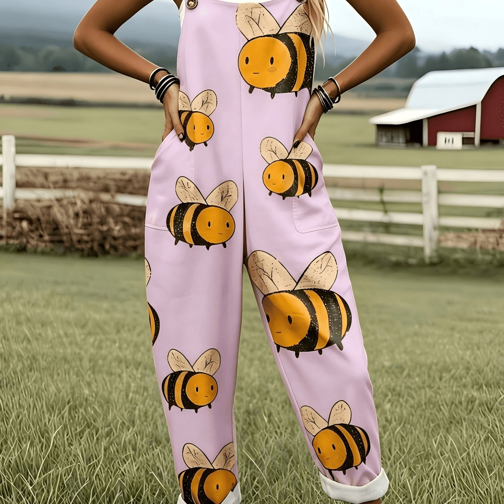 Oversized Bee Print Adjustable Strap Roll Cuff Casual Jumpsuit