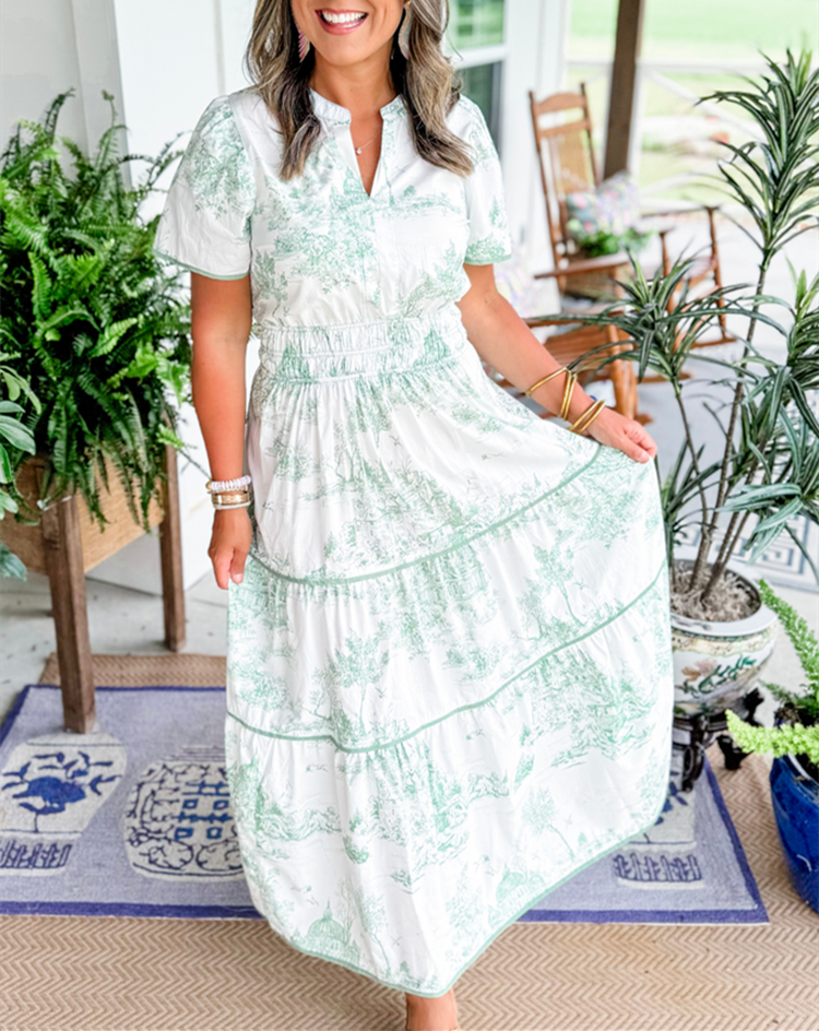 Toile Print Puff Sleeve Elasticated Waist Tiered Maxi Dress