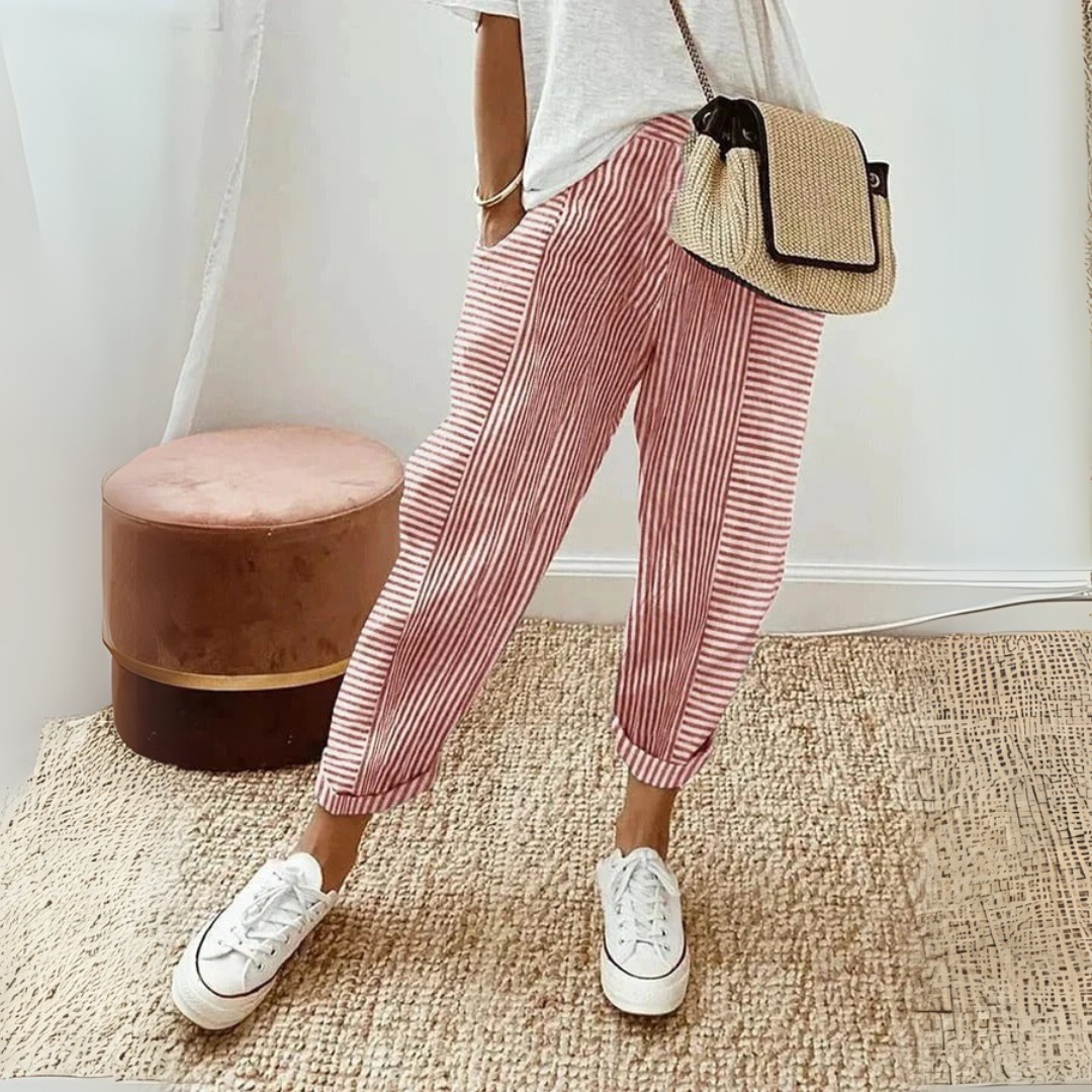 Striped Roll Cuff Elasticated Waist Casual Linen Pant