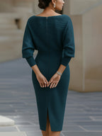 Cowl Neck Batwing Sleeve Ribbed Knit Midi Dress