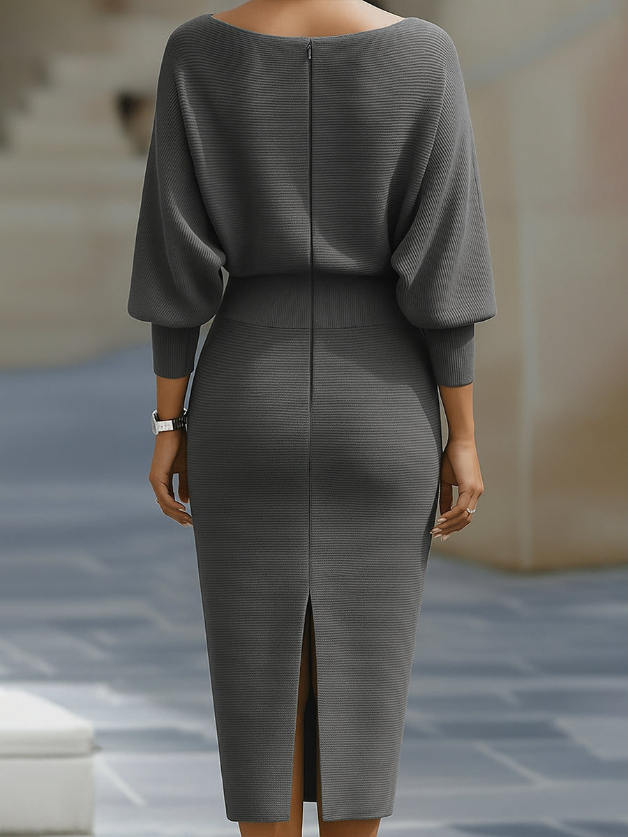 Cowl Neck Batwing Sleeve Ribbed Knit Midi Dress