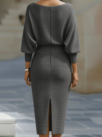 Cowl Neck Batwing Sleeve Ribbed Knit Midi Dress