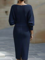Cowl Neck Batwing Sleeve Ribbed Knit Midi Dress