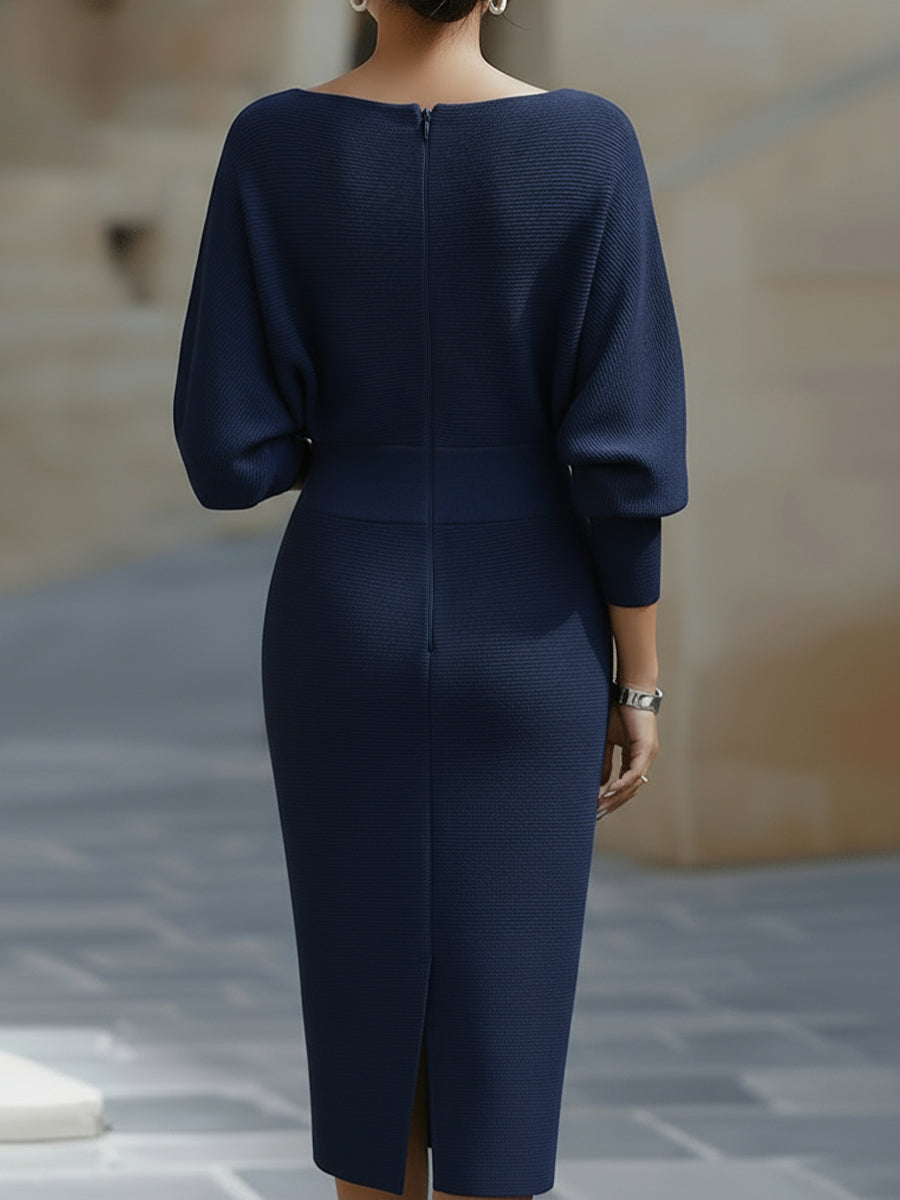 Cowl Neck Batwing Sleeve Ribbed Knit Midi Dress