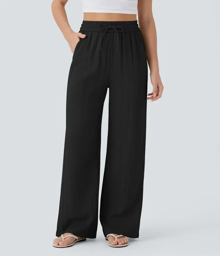 Smocked High Waist Drawstring Wide Leg Linen Pant