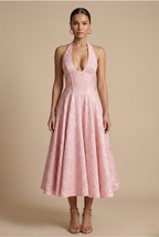 Jacquard Halter Corset Bodice A Line Midi Dress - Wedding Guest