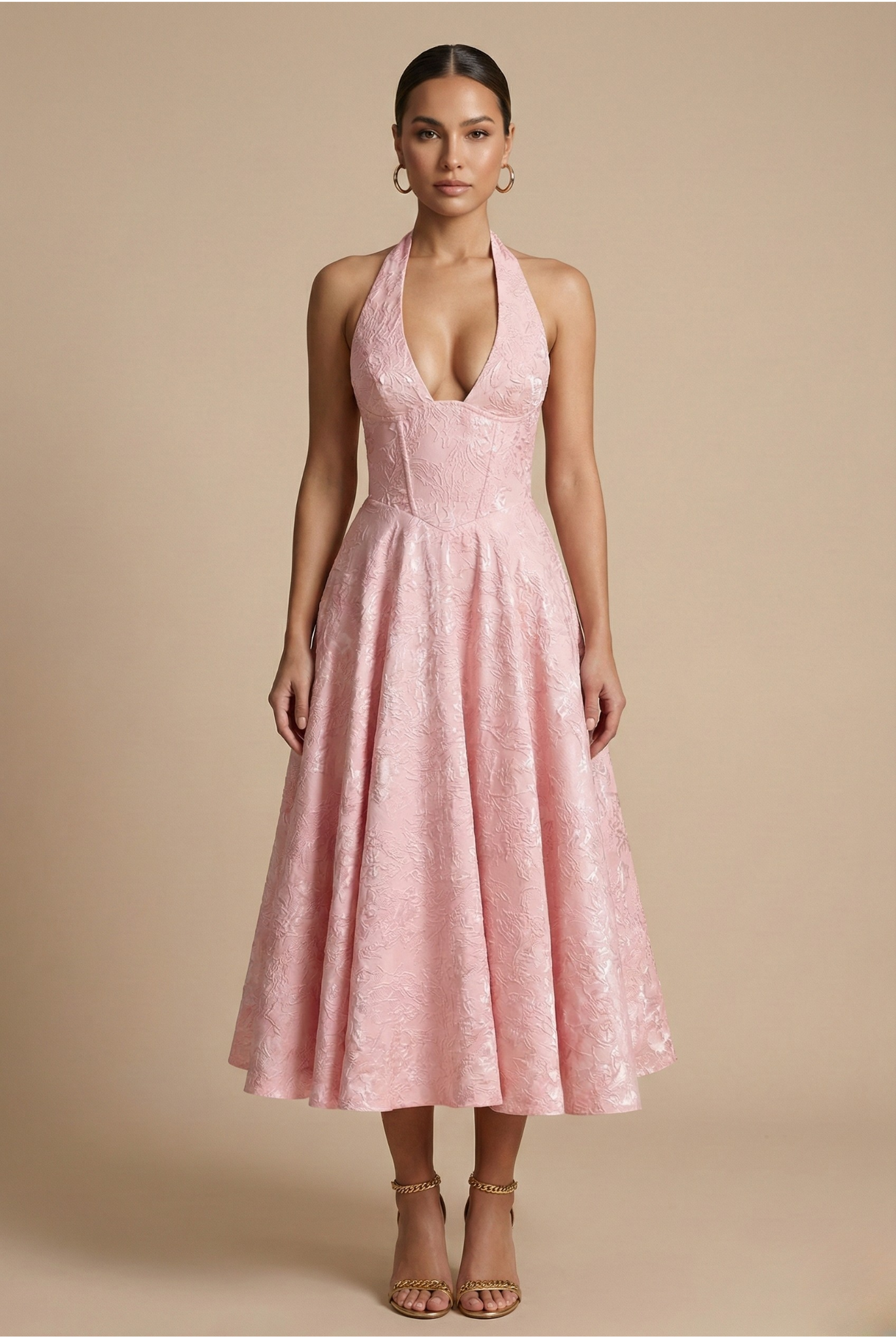 Jacquard Halter Corset Bodice A Line Midi Dress - Wedding Guest