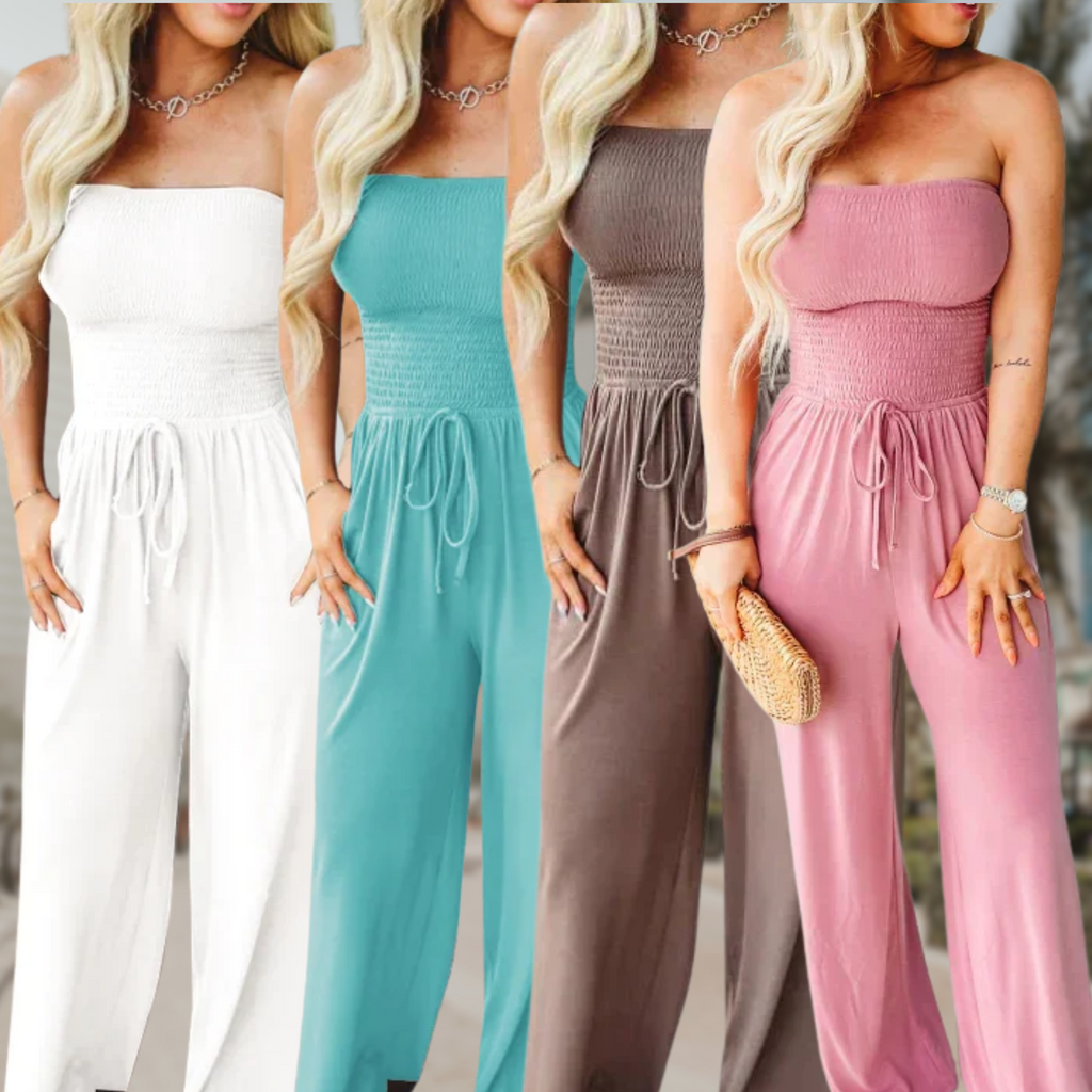 Smocked Bandeau Drawstring Waist Wide Leg Casual Jumpsuit