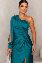 Satin One Shoulder Ruched Split Maxi Dress - Formal Evening Gown