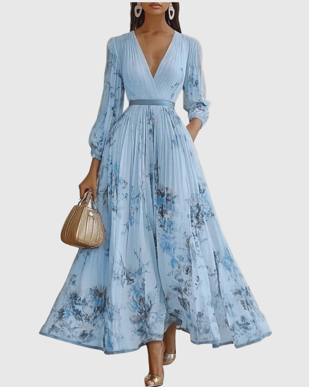 Floral Pleated V-Neck Belted Maxi Dress - Wedding Guest Gown