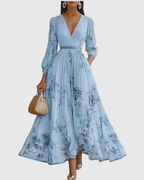 Floral Pleated V-Neck Belted Maxi Dress - Wedding Guest Gown
