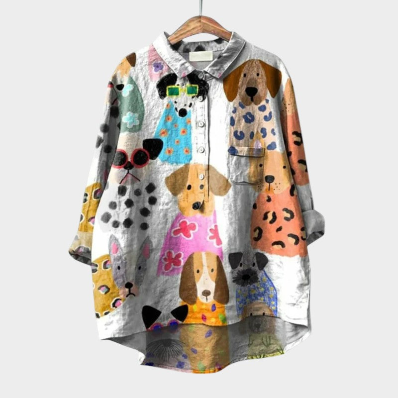 Whimsical Dog Print Point Collar Button Down Oversized Linen Shirt
