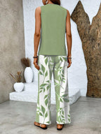 Leaf Print Sleeveless Top Wide Leg Trouser Two Piece Set