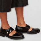 Double Buckle Strap Chunky Sole Leather Mary Jane Flat