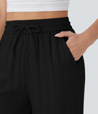 Smocked High Waist Drawstring Wide Leg Linen Pant