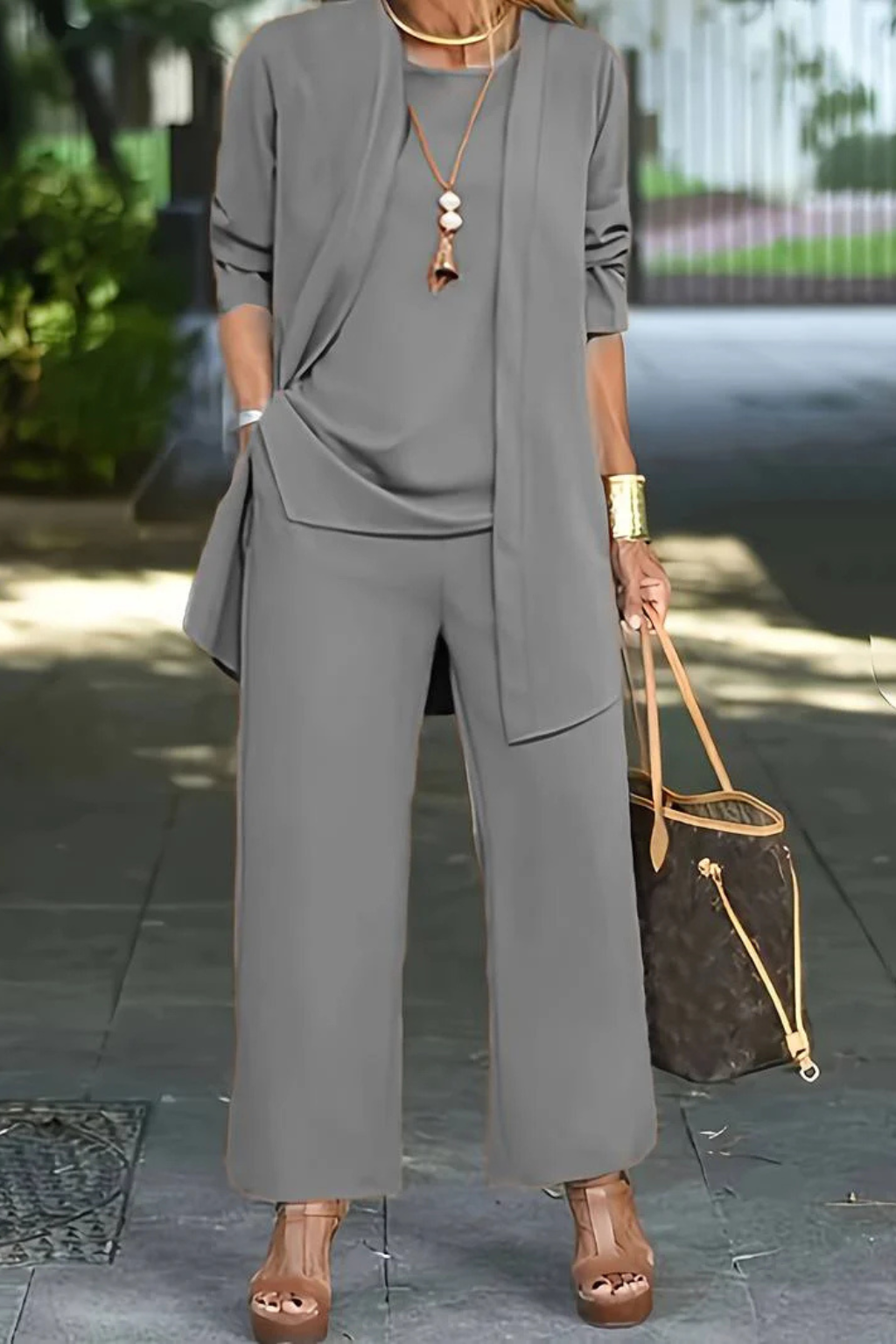 Draped Cardigan Wide Leg Trouser Elegant Three Piece Set