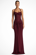 Halter Neck Ruched Knot Front Bodycon Maxi Dress - Formal Evening Gown