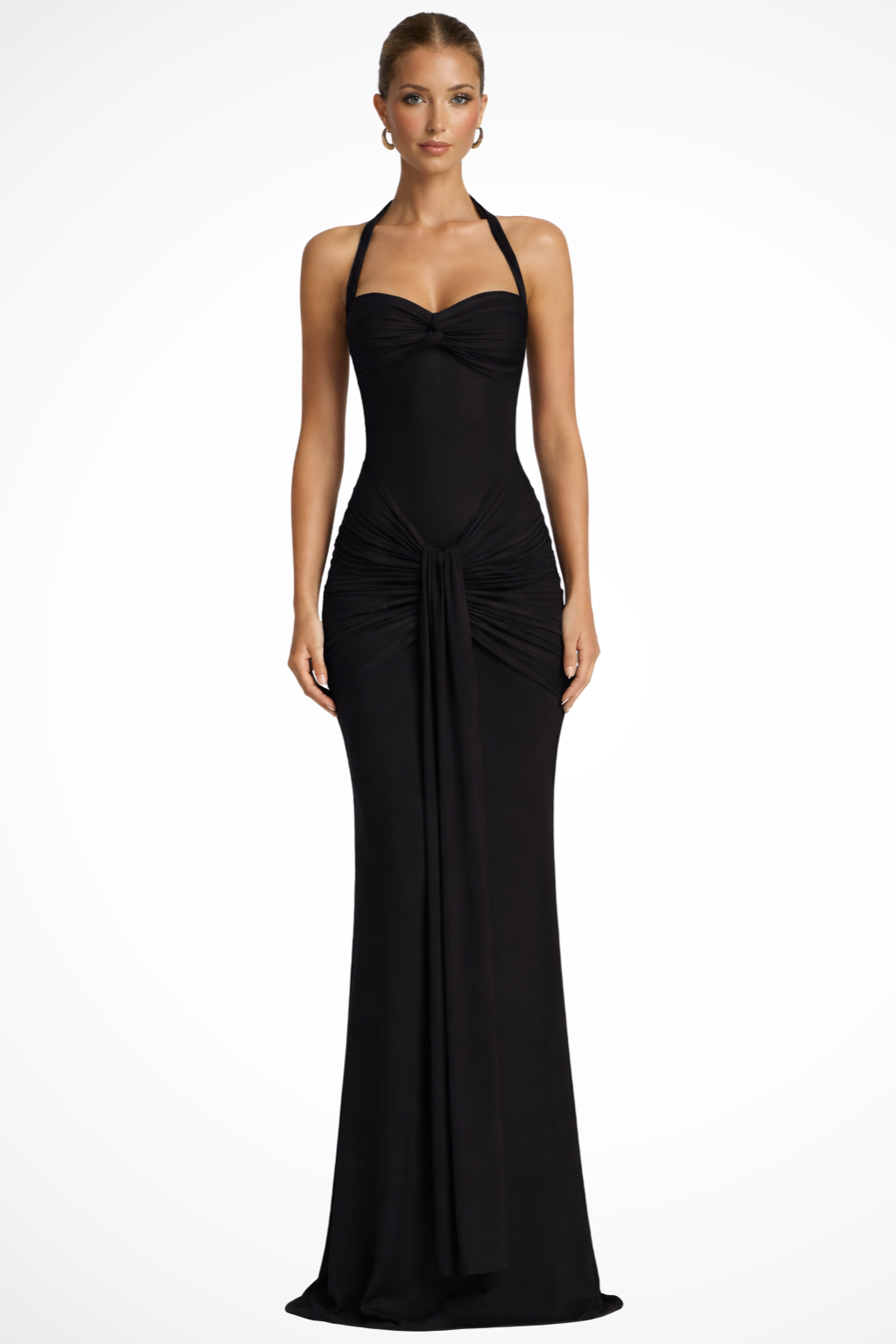 Halter Neck Ruched Knot Front Bodycon Maxi Dress - Formal Evening Gown