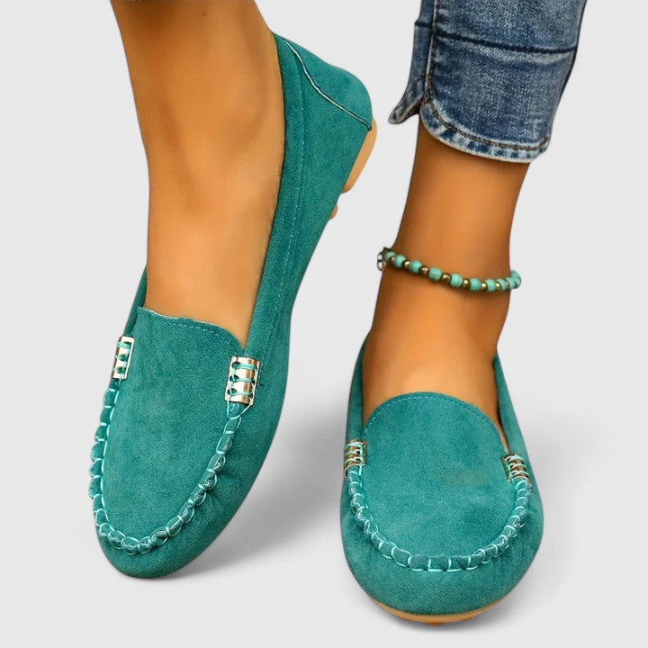Suede Gold Bar Detail Moccasin Stitch Slip On Flat Loafer