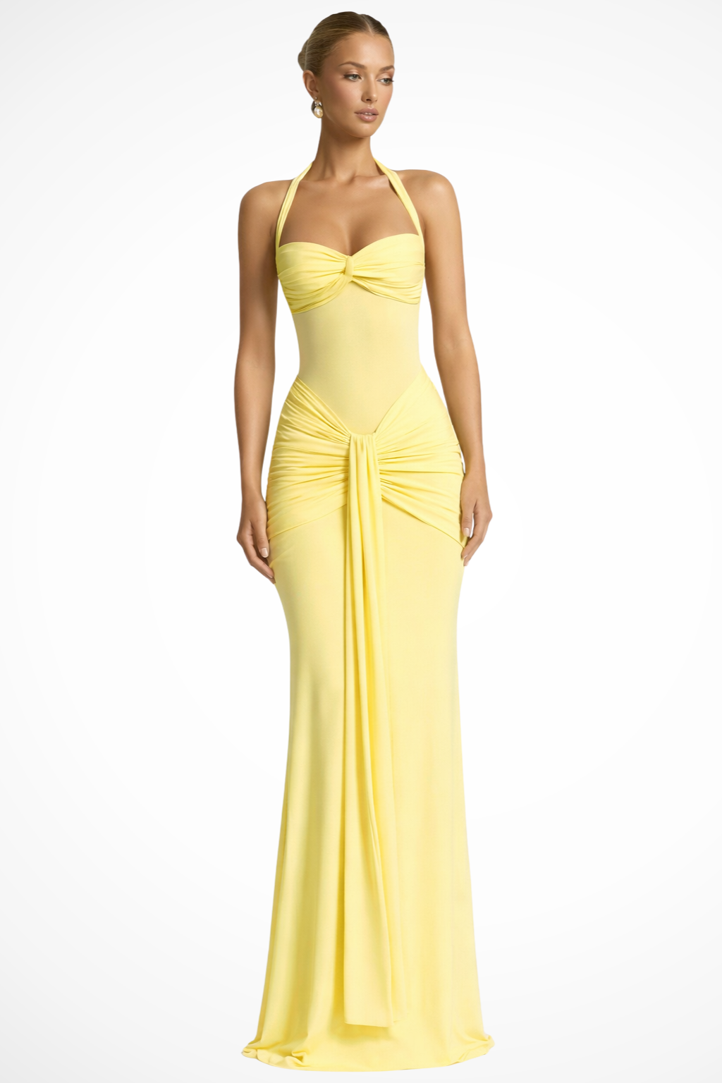 Halter Neck Ruched Knot Front Bodycon Maxi Dress - Formal Evening Gown