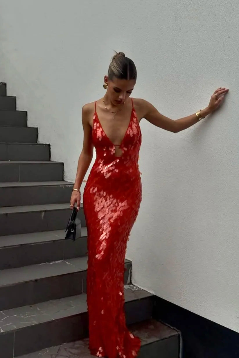 Red Sequin Backless Homecoming Dress