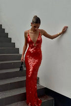 Red Sequin Backless Homecoming Dress