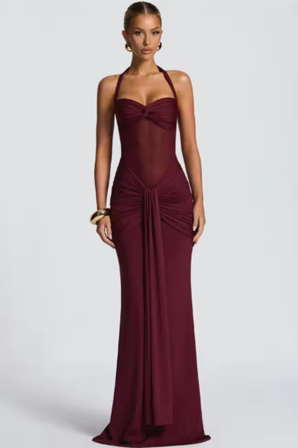 Halter Neck Ruched Knot Front Bodycon Maxi Dress - Formal Evening Gown