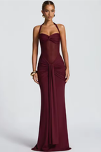 Halter Neck Ruched Knot Front Bodycon Maxi Dress - Formal Evening Gown