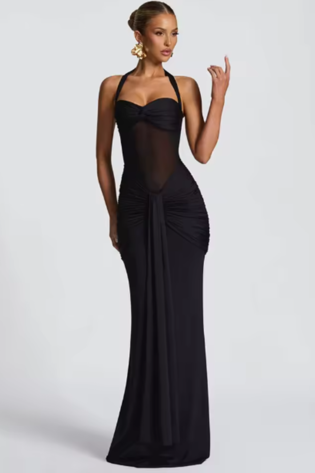 Halter Neck Ruched Knot Front Bodycon Maxi Dress - Formal Evening Gown