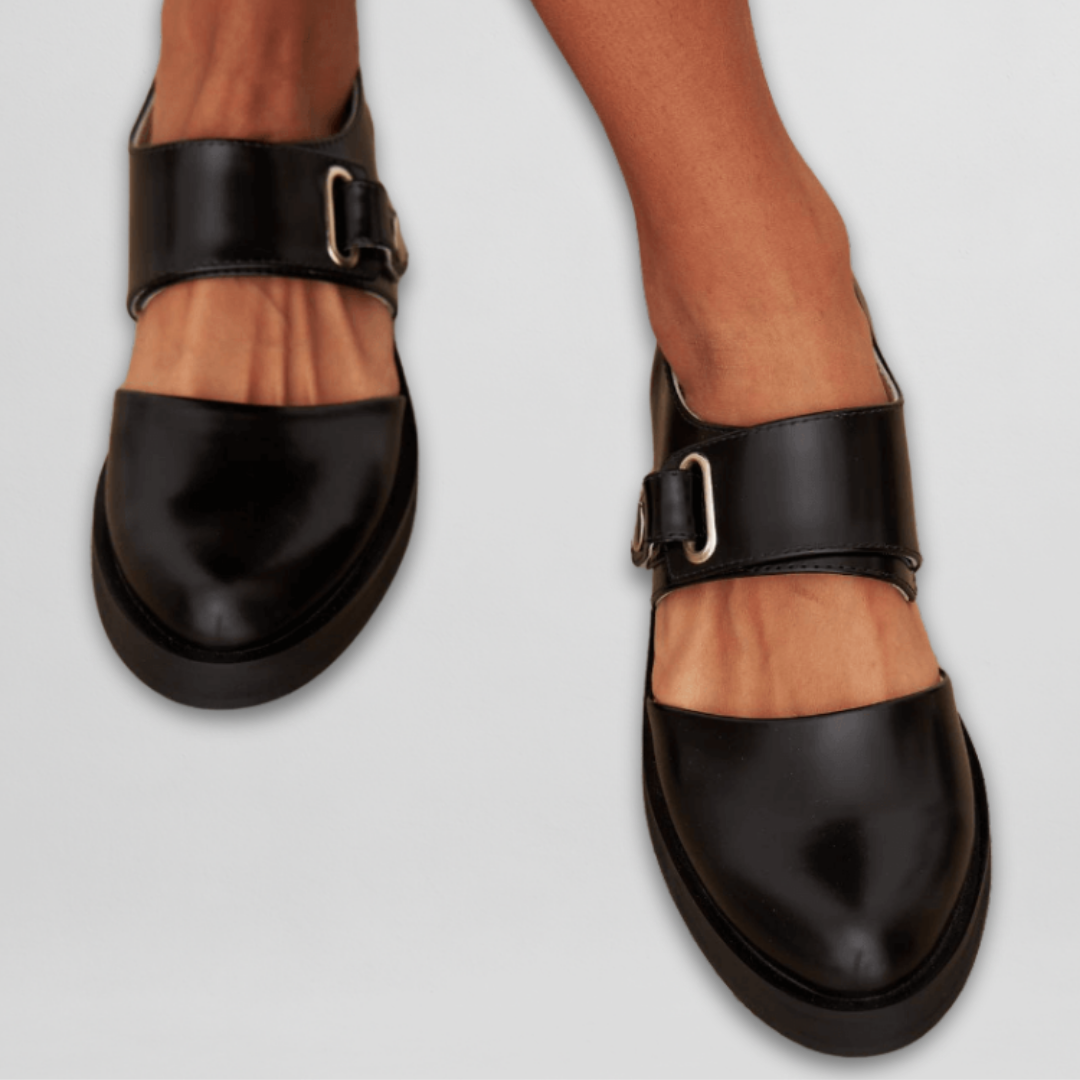 Double Buckle Strap Chunky Sole Leather Mary Jane Flat