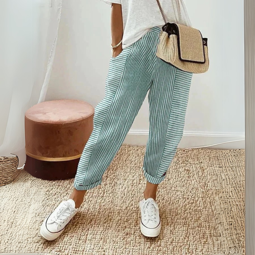 Striped Roll Cuff Elasticated Waist Casual Linen Pant